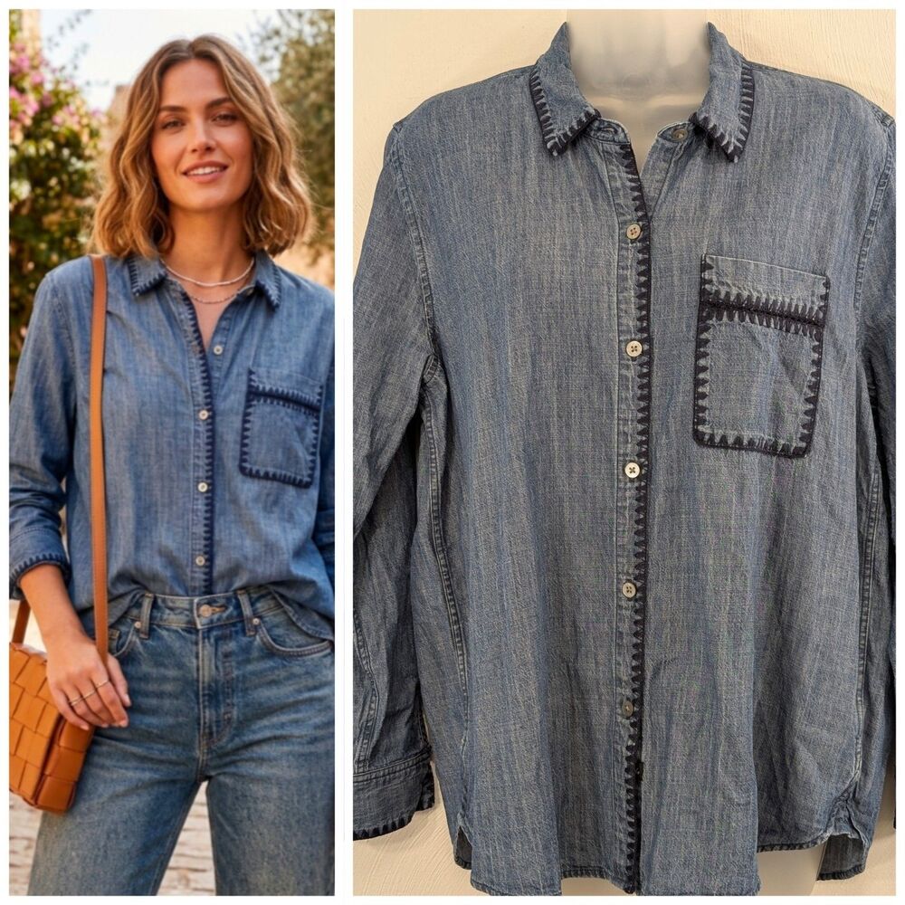 Rails Women's M Denim Chambray Button Up Shirt Coastal Cowgirl Fall Favorite EUC